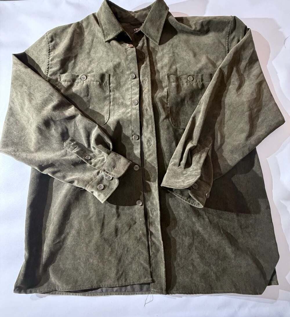 Trust Mens XL Olive Green Button Up Shirt Long Sleeve Suede Texture Y2K